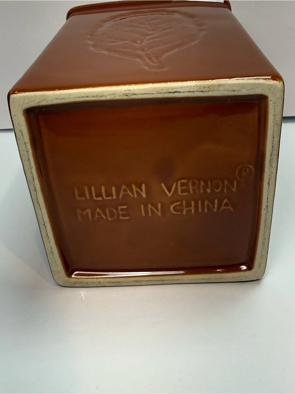 Vintage Lillian Vernon Canister in Brown Raised Botanical Leaf Design